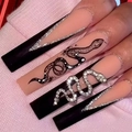 Uñas postizas largas con diseños de serpiente negros y dijes de serpiente con strass - Estilo de Serpiente Negra Mate (SGCY-222) / Tipo de Pegamento