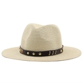 Classic men's beige straw fedora hat with studded brown faux leather band detail - Beige