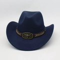 Detail of navy western hat featuring a bull head buckle and braided brown leather band - One Size / Navy Blue