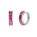 Silver-tone hoop earrings with channel-set baguette cut rose pink cubic zirconia stones - Platinum Rose Red Zirconia