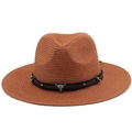 Brown woven straw fedora hat with black band and silver bull head metal ornament - M (56-58cm) / Caramel