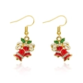 Christmas earrings with red double bells, green leaves and a white bow with zircon - Xmas Double Bell Bow
