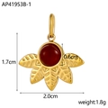 Golden flower pendant with three leaves and red gemstone, 1.7cm x 2.0cm dimensions - Flower Leaf Gold With Red Stone (AP41953B-1)