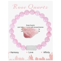 Macro detail of Rose Quartz beaded bracelet with raw stone on a white display card - Style With Metal Tag / Rose Quartz