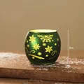 Green Christmas glass candle holder with yellow snowflake patterns for festive table decor - Green Wide-mouth Snowflake Style (HG18-823)