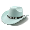 Detailed view of pale mint green faux suede jazz hat with ethnic leather band and blue gems - M (56-59cm) / Light Green Suede