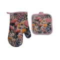 Detail of floral embroidery on thick heat-resistant oven mitt and potholder kitchen set - Pink Embroidered Floral