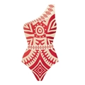 One-shoulder one-piece swimsuit with red and white ethnic geometric pattern print - Red and White Swimsuit
