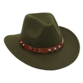 Detail of olive green fedora with brown leather band and silver metal rivet accents - One Size / Army Green