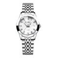 Women's quartz watch in silver steel with white dial and day-date display feature - Silver Case White Dial