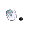 Cute white cat enamel pin holding a colorful D20 gaming dice for bags and clothes - Cat with Dice Style (CZ0536-1)