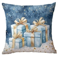 Blue Christmas pillow cover with watercolor blue gift boxes and golden ribbons pattern - Stacked Gift Boxes