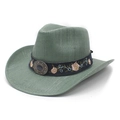 Detail of sage green woven cowboy hat featuring floral embroidery and a vintage metal buckle - M (56-58cm) / Water Lily Green