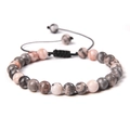 6mm natural stone beaded bracelet with grey and pink beads and adjustable cord - 6mm / Pink Zebra Jasper