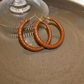 Detail of vintage leopard print hoop earrings with brown textured wrap and gold pins - Wrapped Texture Hoop / Brown Wrapped (Silver Earring Post)