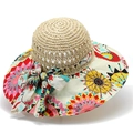 Women's wide brim straw hat with bohemian floral print and decorative ribbon bow - M (56-58cm) / White