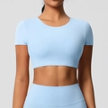 Detail of light blue seamless yoga crop top and high waist leggings on model - S / Sky Blue