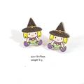 Detail view of cartoon witch wooden stud earrings with size and weight parameters - Witch