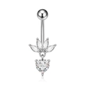 Detail of silver belly ring featuring heart-shaped zircon and petal-shaped stones - Marquise Heart Style (2931)