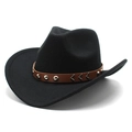 Cappello da cowboy in feltro di lana nero con cintura in pelle marrone decorata - M (56-58cm) / Nero