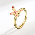 Golden rotating butterfly ring with vibrant red and white enamel on a studio white background - Gold AJ151 Colorful Butterfly / Adjustable Open