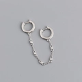 S925 silver double hoop earring linked by a fine chain with sparkling cubic zirconia - Double Hoop Rhinestone Chain Earrings (S-E1552) / Silver