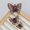 Vintage gold butterfly brooch set with purple crystals and colorful rhinestones - Triple Butterfly Drop-Purple