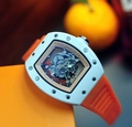 Hollow skeleton watch with white tonneau case and vibrant orange rubber strap - White Case Orange Strap