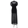 Dettaglio dell'abito lungo in mesh nero con eleganti pieghe e maniche semitrasparenti - S / Nero
