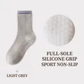 Light gray cotton yoga crew socks featuring purple trim and full silicone anti-slip grip - One Size / Light Gray
