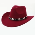 Ethnic burgundy western cowboy felt hat with studded black decorative band - One Size (57-58cm) / Metal Buckle Leather Band Style / Burgundy