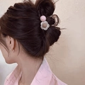 Translucent hair claw clip featuring 3D white flower design and pink bead detail - 8cm Summer Jelly Beige Flower