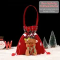 Red burlap Christmas gift bag with plush elk design and green plaid drawstring 35cm - Linen Style Christmas Elk Bag