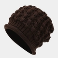 Detail of coffee brown knit beanie featuring thick honeycomb weave and rolled cuff edge - M (56-58cm) / Coffee