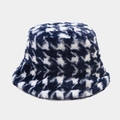 Winter plush bucket hat featuring a classic blue and white houndstooth pattern design - M(56-58cm) / Dark Blue