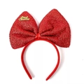 Detail of red sequined Christmas headband with golden Merry Christmas text and large bow - Red Bow