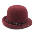 Breathable wine red knitted cloche sun hat with brown braided leather band decoration - M (56-58cm) / Burgundy