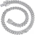 Close-up of iced out silver Cuban link chain with square clasp and white crystals - 14mm Wide Rhombus Cuban Link / 18cm Length / Silver
