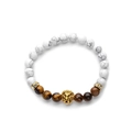 Weißes Türkis- und Tigerauge-Perlenarmband mit goldenem Löwenkopf auf weißem Hintergrund - Weißer Türkis & Gelbes Tigerauge