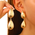 Polished gold double teardrop dangling earrings with a glossy mirror finish for women - Gold Double Layer Water Drop