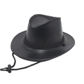 Classic black faux leather western cowboy hat with adjustable chin strap and stitch detail - One Size / Black (Small Leather + Rope)