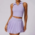 Women's lavender sleeveless polo crop top and pleated tennis skirt sports set - S / Romantic Purple