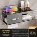Wall-mounted dark gray metal bathroom tissue box with shelf and roll holder - Extended Left-facing - Gun Grey - Dual Use