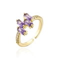 Detail of 18K gold plated ring with three rectangular purple cubic zirconia stones - Adjustable Open / Gold/Purple Zirconia