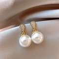 Macro detail of gold plated flower earrings with pavé crystals and white round pearls - Gold Teardrop Rhinestone Pearl Earrings (31#)