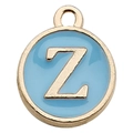 Light blue enamel alphabet letter Z round charm with golden border for DIY jewelry - Letter Z / 1 Piece (12x14mm) / Lake Blue