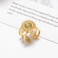 Retro golden multi-layered open ring with round green stone and sun flower carving - Gold Vintage Green Gemstone Sunflower Ring