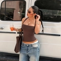 Y2K style brown ribbed halter crop top worn by model with blue jeans and tote bag - L / Dark Brown