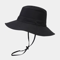Detail view of black sun hat featuring adjustable windproof cord and reinforced brim stitching - M (56-58cm) / Black