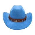 Sky blue western cowboy hat with ethnic style leather band and metal coin charms - Blue